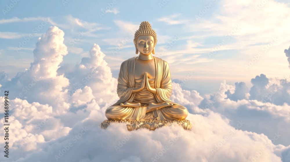 Serene Golden Buddha Statue Meditating on Cloud in Endless Sky - Majestic Buddhist Heaven Conceptual Artwork Serene Golden Buddha Statue Meditating on Cloud in Endless Sky - Majestic Buddhist Heaven Conceptual Artwork