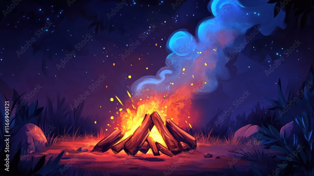 Fototapeta premium Cozy Campfire Amidst Stars and Night Sky in Nature Scene