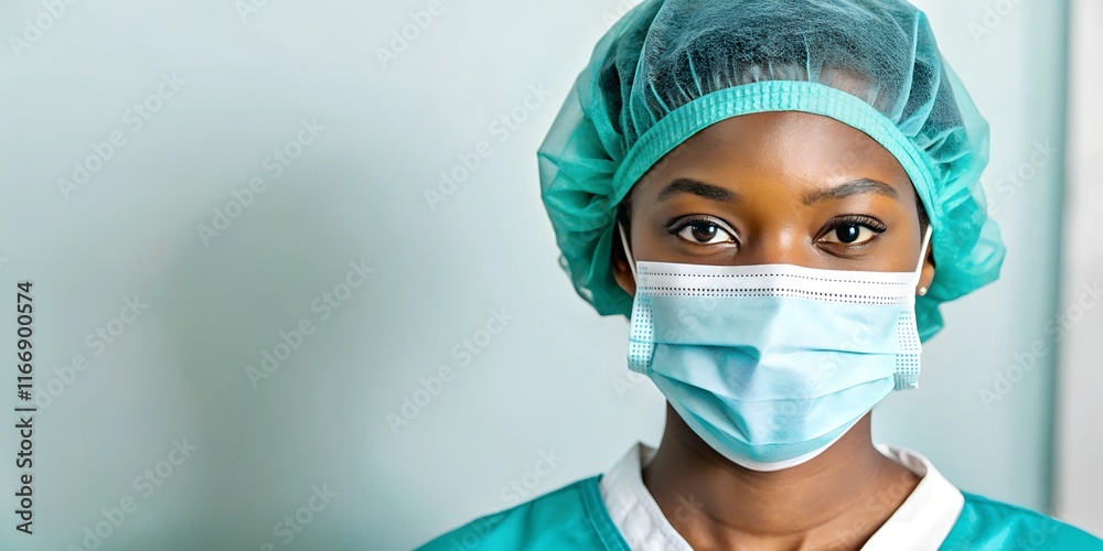Young Black female healthcare professional in a surgical mask and cap, gazing intently at the camera. Background with copy space suitable for medical content. Young Black female healthcare professional in a surgical mask and cap, gazing intently at the camera. Background with copy space suitable for medical content.