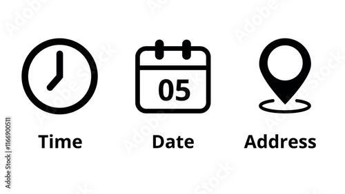 Collection of icons for location, date and time of event marking, day 05.