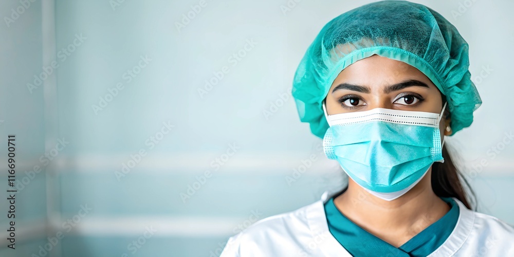  Close-up portrait of a young Indian female healthcare worker wearing a surgical mask and cap, standing confidently with a professional demeanor. Neutral background with copy space.