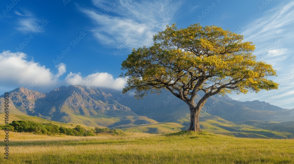Fototapeta premium A lone tree in the middle of a grassy field with mountains in the background