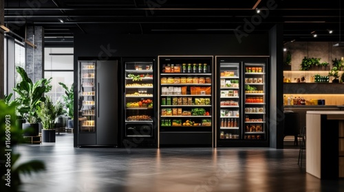 Modern retail space with sleek refrigerators showcasing a variety of fresh produce and packaged foods