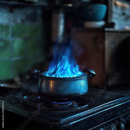 Close-Up of Blue Fire on Domestic Kitchen Stove photo