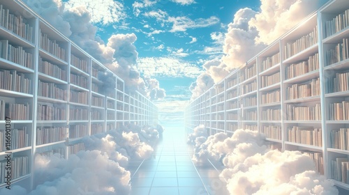 Ethereal Buddhist Heaven: Infinite Library in the Clouds with Illuminating Flying Books - Ultra-Detailed 3D Render Digital Artwork photo