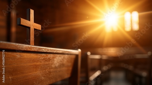 A wooden cross sitting on top of a wooden pew in a church