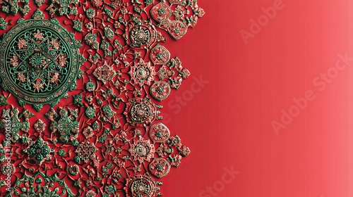 An intricate Arabic banner design with vibrant red hues and ornate patterns, reflecting Middle Eastern cultural aesthetics.
