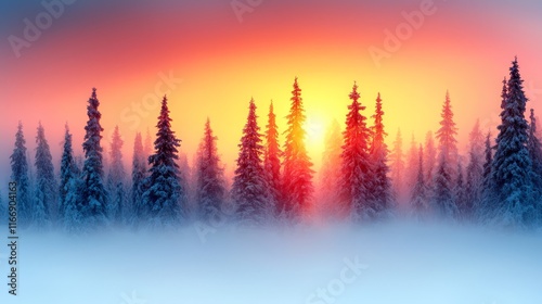 A group of trees covered in snow in front of a sunset