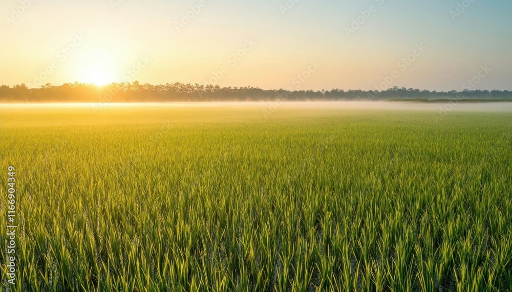 A serene sunrise over lush green rice fields with morning mist. A serene sunrise over lush green rice fields with morning mist.