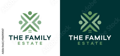 Vector illustration of Building logo with family people, fun icons, creative home icons.