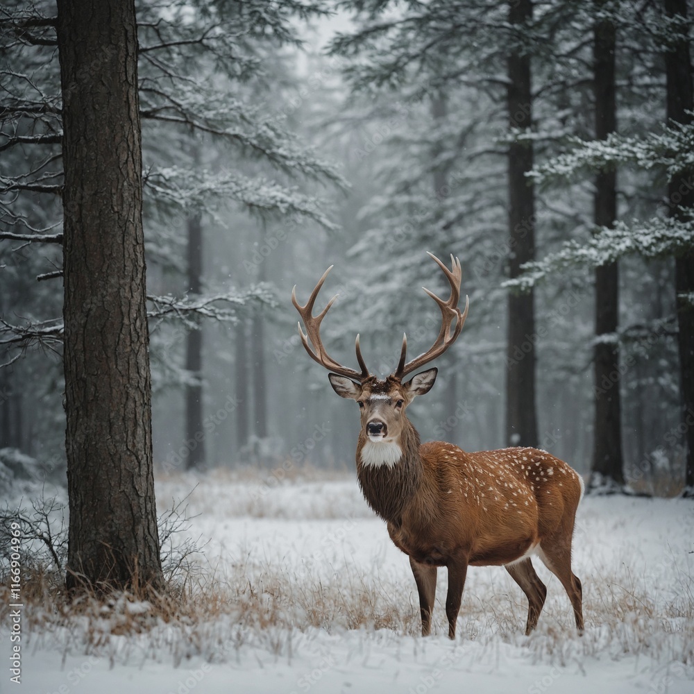 A graceful deer with antlers, surrounded by a serene white landscape. A graceful deer with antlers, surrounded by a serene white landscape.