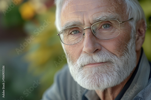 Close-up portrait of a senior man with a white beard and glasses, looking at the camera, with a garden background.