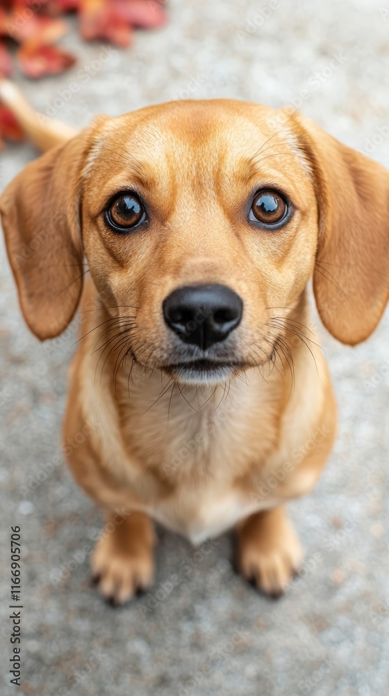 A small brown dog looking up at the camera A small brown dog looking up at the camera