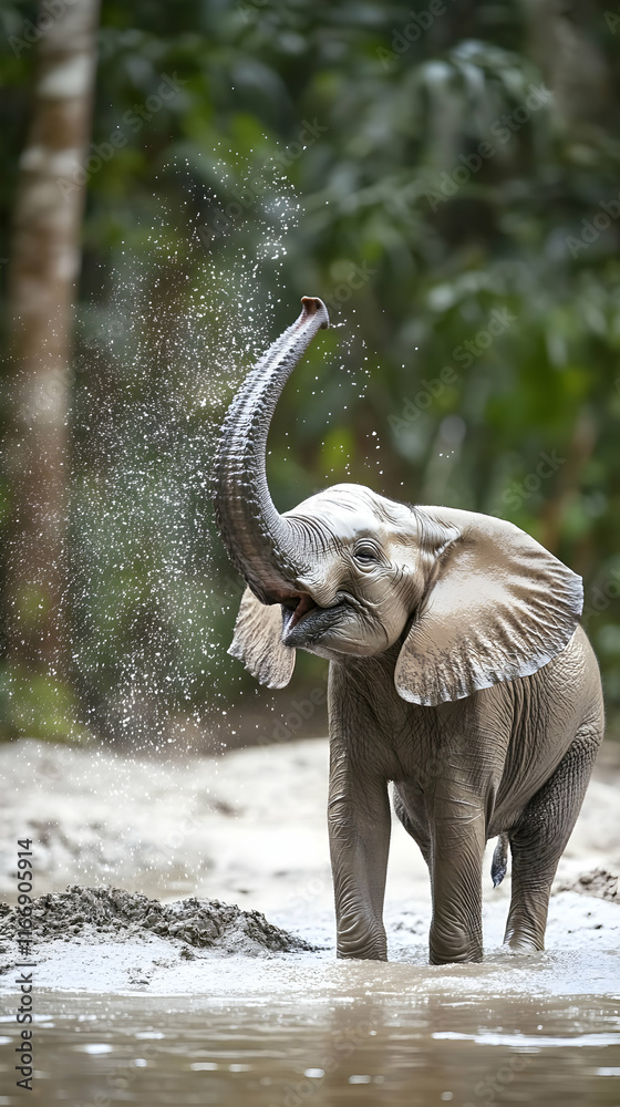 Obraz premium Young elephant playing in muddy water, tropical rainforest background, wildlife behavior, nature conservation.