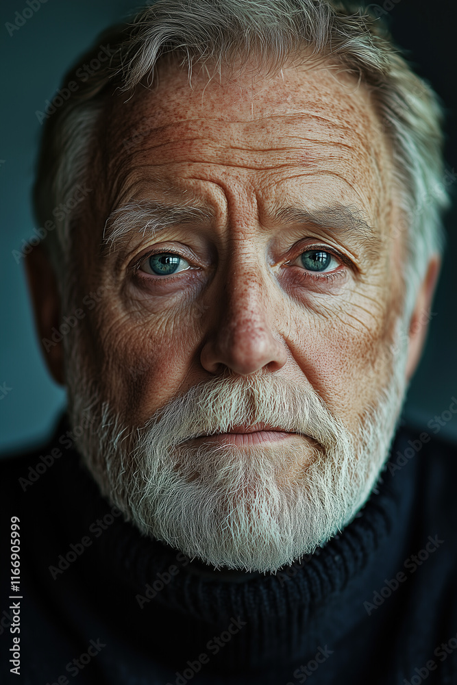 Close-up portrait of an elderly man with short gray hair and a beard, a serious expression, gazing directly into the camera Close-up portrait of an elderly man with short gray hair and a beard, a serious expression, gazing directly into the camera