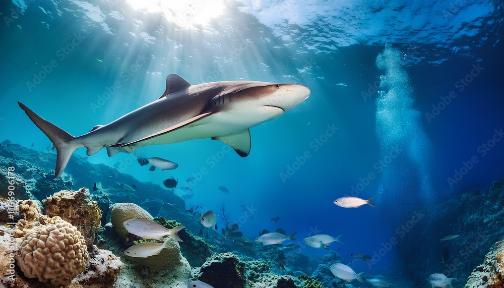 Fototapeta premium shark underwater; fish in aquarium; marine life on coral reef background, ocean swim with stingrays