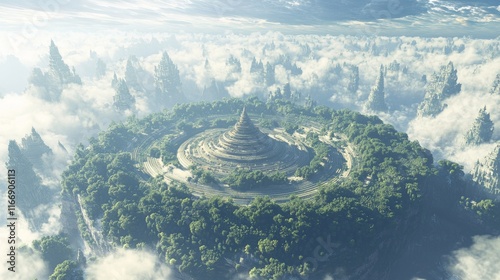 Tranquil Serenity: Aerial View of Majestic Buddhist Heaven with Sacred Mountains Forming Natural Mandalas - 3D Render Digital Artwork