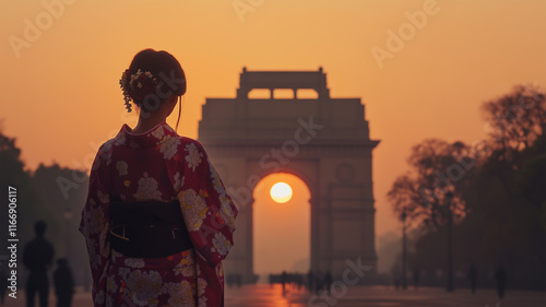 夕陽に照らされるインド門と着物姿の日本人女性 photo