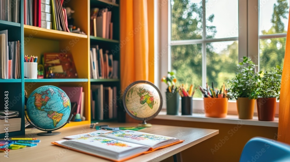 custom made wallpaper toronto digitalCozy Study Corner with Globes and Bright Colored Bookshelves