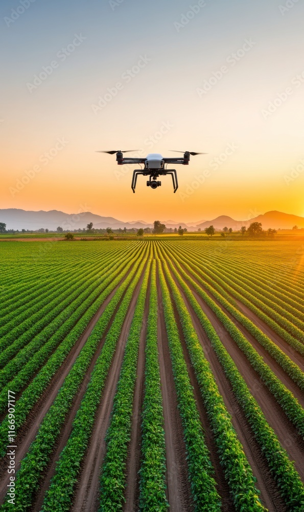 Aerial View of Drone Flying Over Lush Green Crop Field at Sunset in Rural Agricultural Landscape