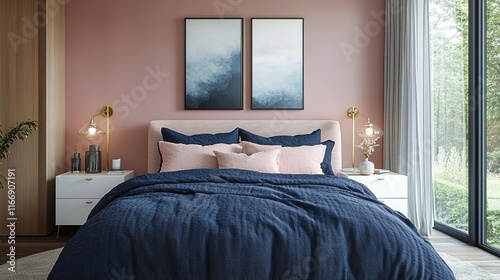 soft blush pink walls with deep navy blue bedding, large window with soft natural light, modern white nightstands with brass details