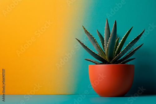 A potted plant sitting on top of a blue table photo