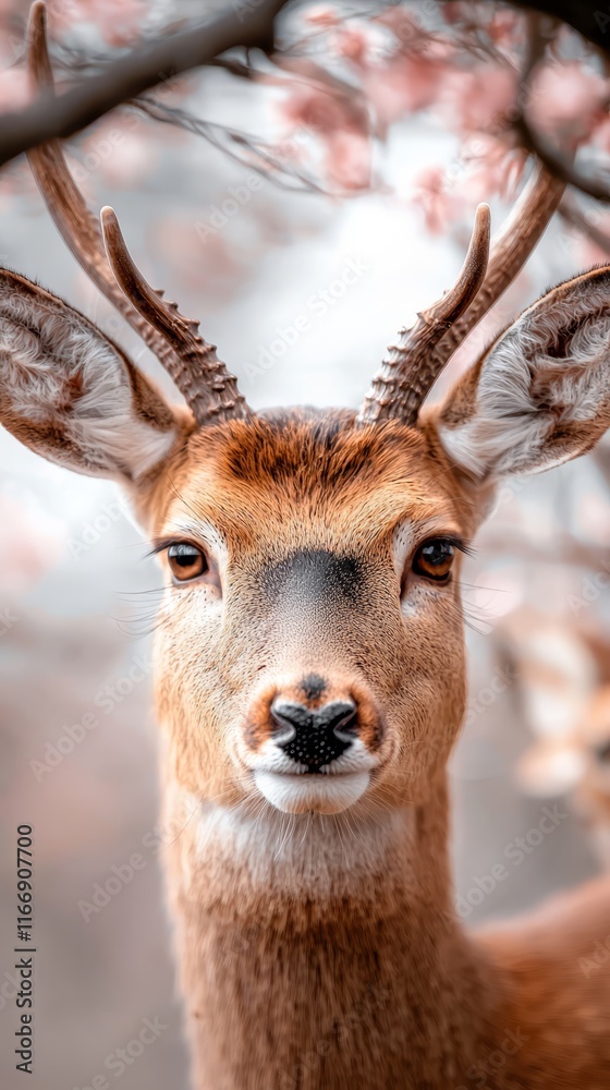 A close up of a deer with antlers standing in front of a tree A close up of a deer with antlers standing in front of a tree
