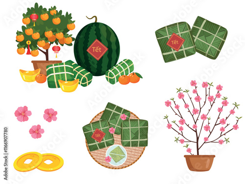 Set of stickers for celebrating Lunar Chinese New Year. Tết-Vietnamese New Year, Vietnamese Lunar New Year or Tet Holiday.