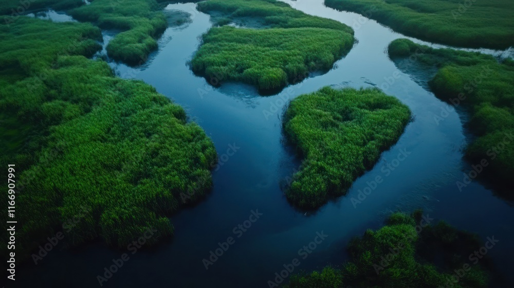 Serpentine River Winds Through Lush Green Marshes Serpentine River Winds Through Lush Green Marshes