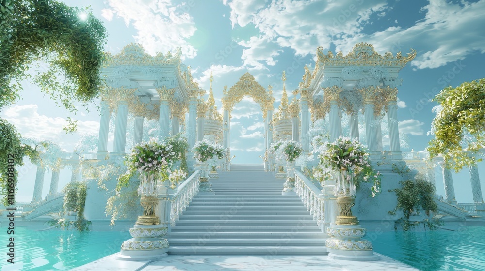 Fototapeta premium Serene Buddhist Paradise: Tranquil Halls of Wisdom in Ethereal Heaven | 3D Render Digital Artwork