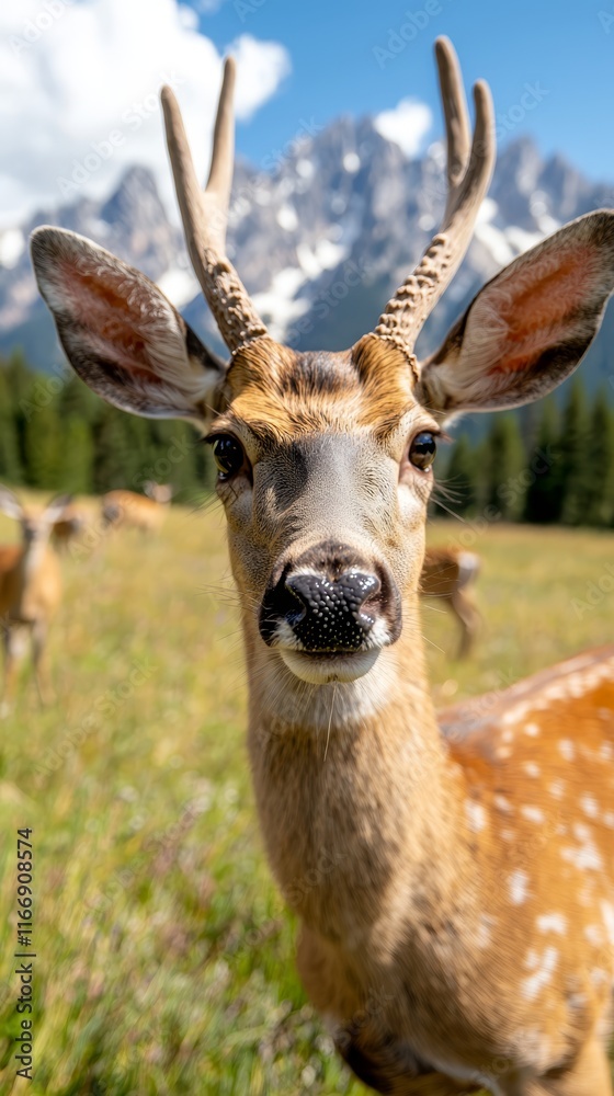 Obraz premium A deer with antlers standing in a grassy field with mountains in the background