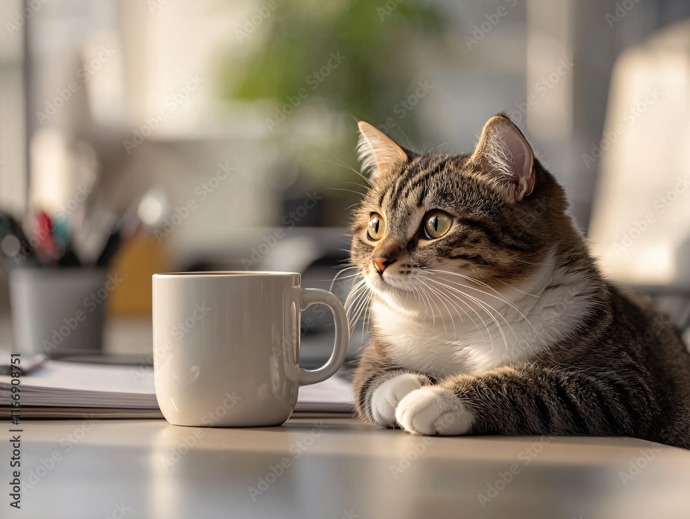 Curious Cat on Desk Watching Business Tasks in a Bright Whimsical Modern Office Environment Curious Cat on Desk Watching Business Tasks in a Bright Whimsical Modern Office Environment
