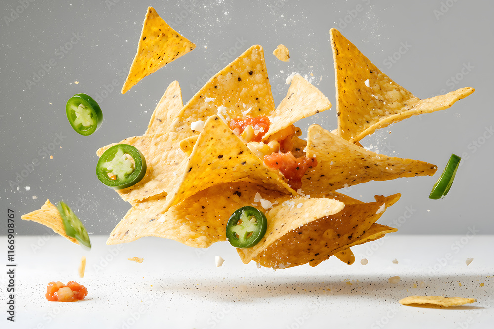 Crispy nachos flying in air with toppings like jalapenos and salsa, creating fun and dynamic food scene. Perfect for snack lovers and food enthusiasts!