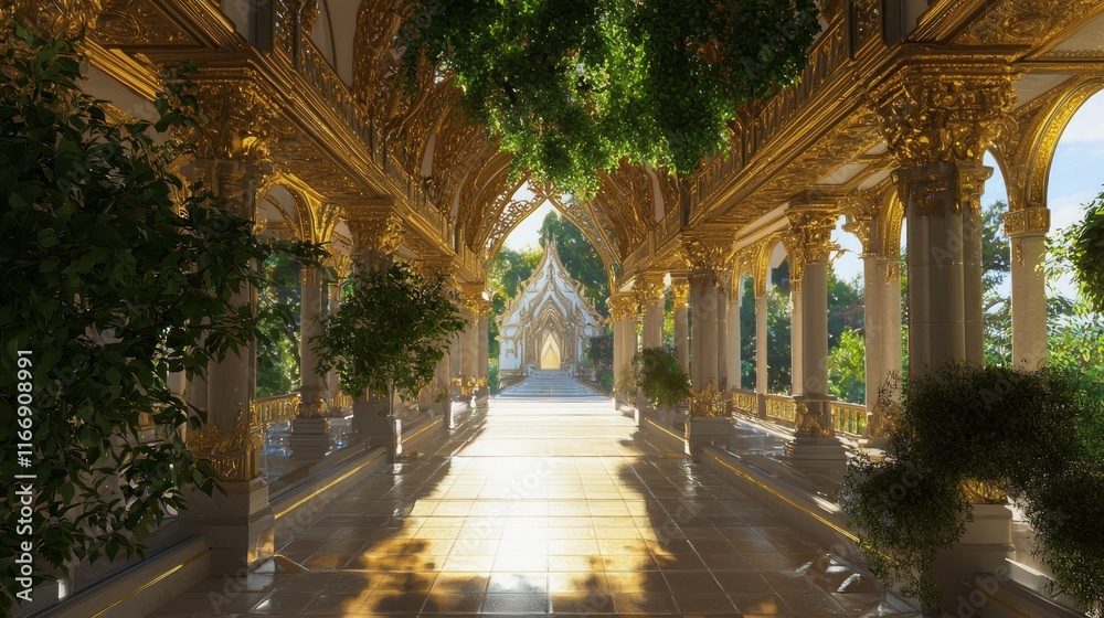 Obraz premium Tranquil Sanctuary: 3D Render of Majestic Buddhist Heaven with Nirvana Journey Architecture | Digital Artwork for Relaxation and Serenity