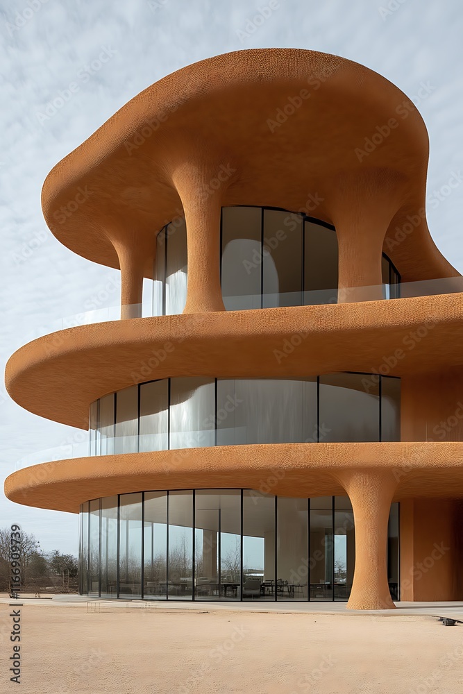 Modern architectural design featuring curved terracotta facade and glass windows