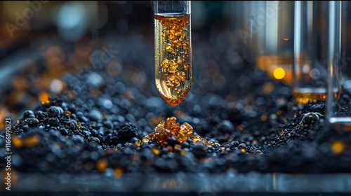 Close-up of soil sample being tested for heavy metals in lab. Surrounded by beakers with colorful liquids, indicating different analysis stages