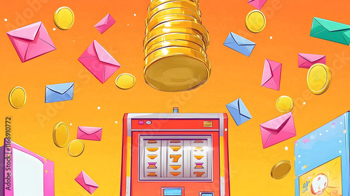Colorful slot machine with coins and envelopes