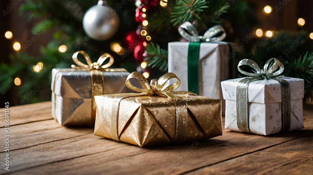 New Year's gifts wrapped in festive paper, surrounded by sparkling decorations, elegantly displayed on a rustic wooden surface New Year's gifts wrapped in festive paper, surrounded by sparkling decorations, elegantly displayed on a rustic wooden surface