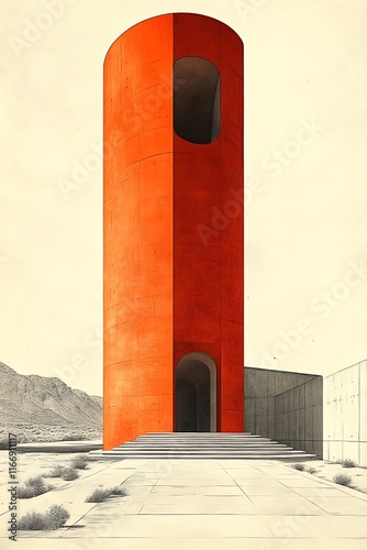 Orange cylindrical structure with steps and desert landscape