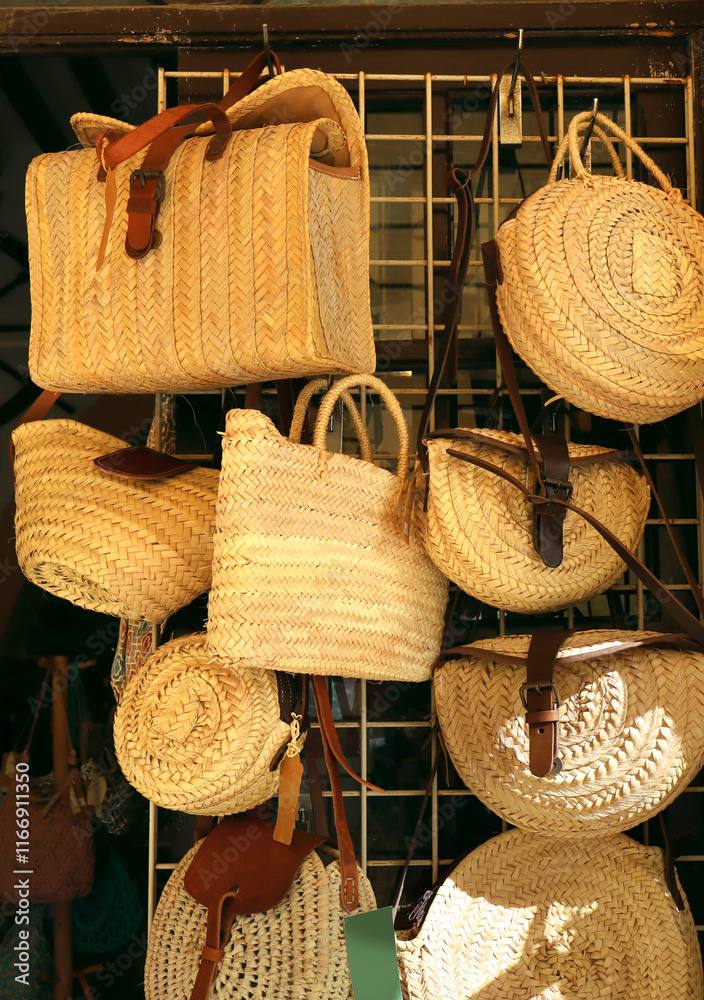 Straw hand bags for sale at showcase in Palma, Mallorca, Spain