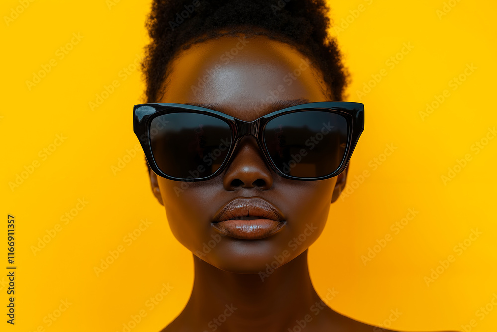 A woman wearing a pair of black sunglasses on a yellow background A woman wearing a pair of black sunglasses on a yellow background