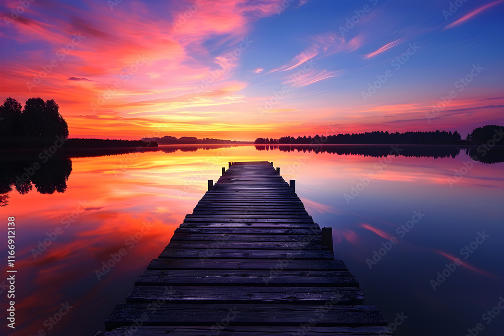 Fototapeta premium Serene Sunset Over Lake with Reflective Water and Wooden Pier, Silhouetted Trees on Horizon