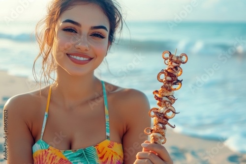 Happy woman enjoying grilled shrimp skewers on a beach vacation