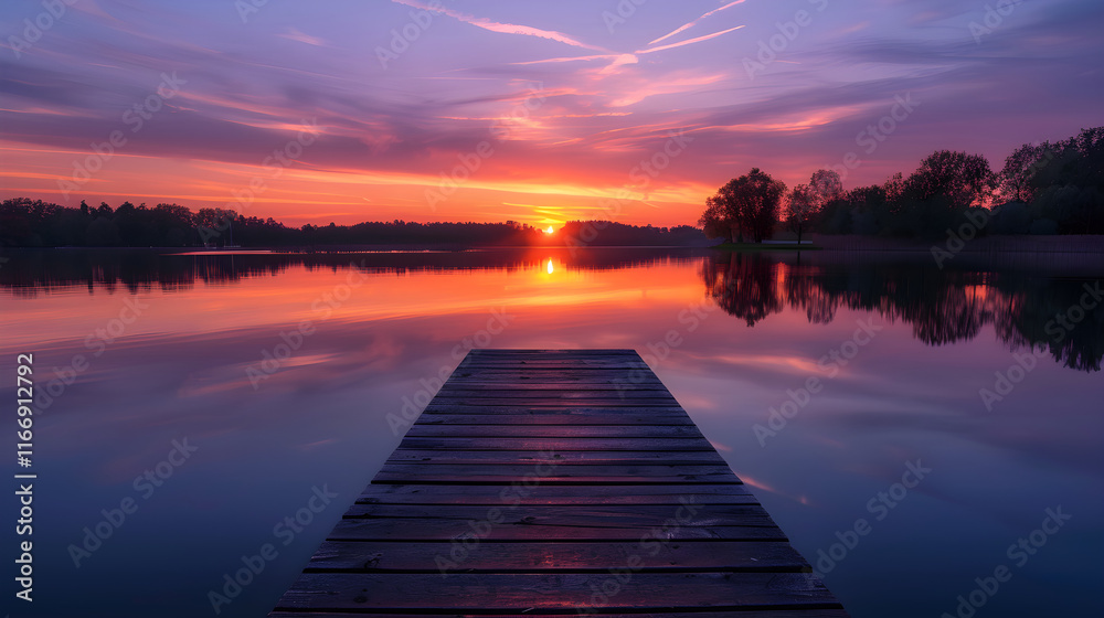 Naklejka premium Serene Sunset Over Lake with Reflective Water and Wooden Pier, Silhouetted Trees on Horizon
