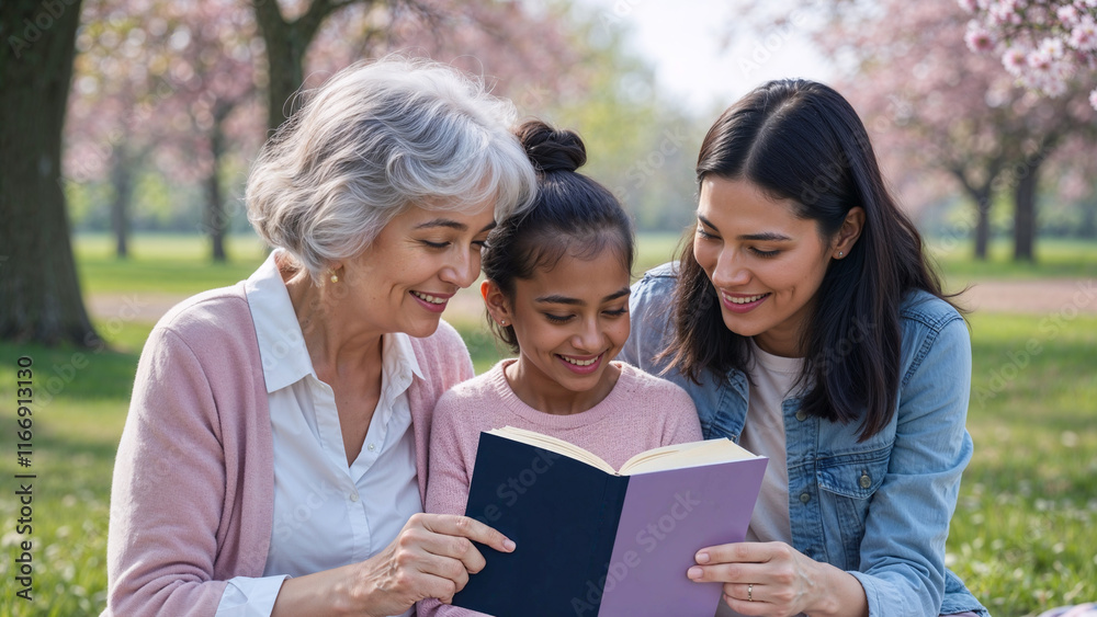 A grandmother, mother, and young daughter share a joyful moment reading a book together while sitting in a park under blooming trees on a bright day, radiating warmth and connection. Women's day. A grandmother, mother, and young daughter share a joyful moment reading a book together while sitting in a park under blooming trees on a bright day, radiating warmth and connection. Women's day.
