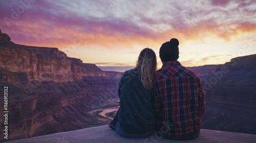 Romantic Valentine Moments Young Couple Sitting on a Wall Scenic Landscape Evening Viewpoint photo