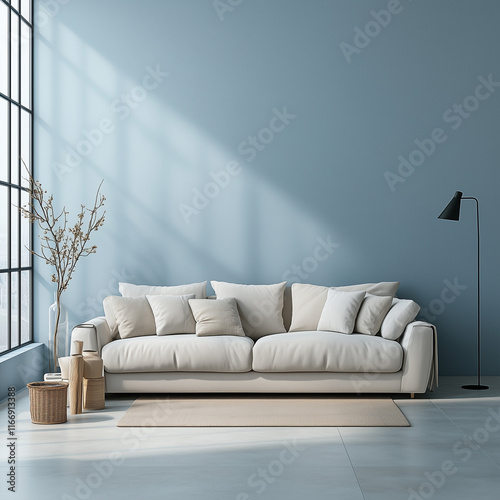 Minimalist Living Room with Soft Blue Wall, Offering a Calm and Inviting Atmosphere for Contemplation and Relaxation modern living room with sofa