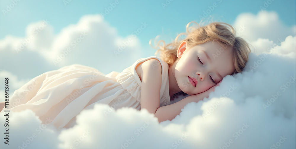 Child peacefully sleeping on fluffy white cloud. Kid indoor studio photo Child peacefully sleeping on fluffy white cloud. Kid indoor studio photo