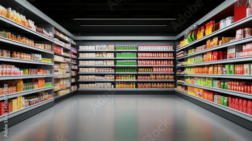 Stunning Aisle of Colorful Grocery Products in Well-Organized Supermarket Shelves Displaying Variety