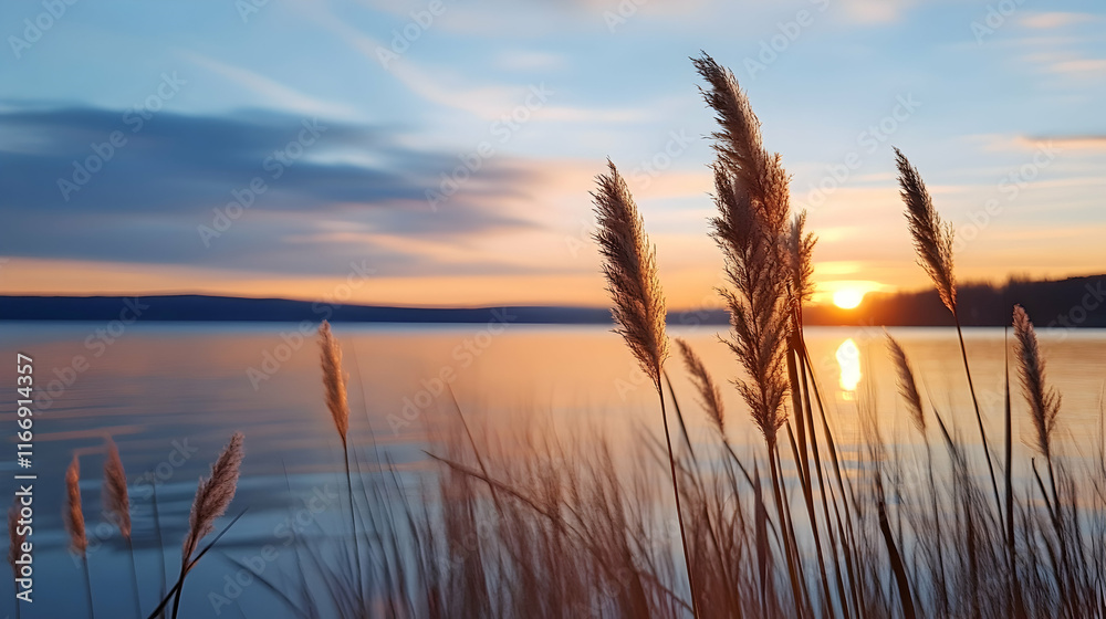 Serene sunset over calm lake, tall grasses in foreground, peaceful landscape ideal for travel brochures or meditation apps. Serene sunset over calm lake, tall grasses in foreground, peaceful landscape ideal for travel brochures or meditation apps.